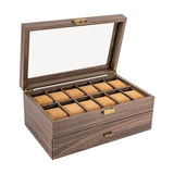 Double-Layer Wood Grain 24-Watch Box Mens Jewelry Holder W/ Drawer