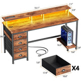 55 Inch Computer Desk Gaming with 4 Fabric Drawers Power Outlets and LED Lights for Home