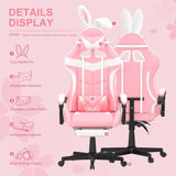 Pink Gaming Chair with Footrest, Bunny Ears, Ergonomic Design for Girls, Women