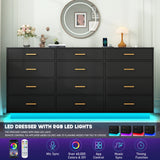 12 Drawer Dresser for Bedroom, 63'with Power Outlets & LED Lights