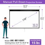 110 Inch Manual Pull Down Projector Screen, 16:9 Retractable with Auto-Lock