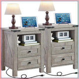 Nightstands Set of 2 with Charging Station, Farmhouse End Table 2 Drawers Shelf, Wood Side Cabinet for Bedroom