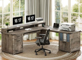 Farmhouse 69" Executive L Shaped Desk with Drawer, Home Office Desk with Charging Station