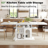 63" Rectangle Dining Table Seats 4-6 Faux Marble Top Storage Shelves Cabinet Kitchen Home Apartment White