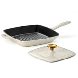 11-inch Enameled Cast Iron Grill Pan with Press Latte with Gold Knob Ideal for Grilling and Cooking Durable Non-Stick Surface