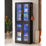 Bookcase with Doors and LED Light, 67-inch Tall Bookshelf with 8-Tier Shelves for Living Room