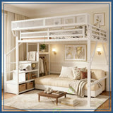 Full Size Loft Bed with Stairs and Storage, Metal Loft Bed Frame with Shelf