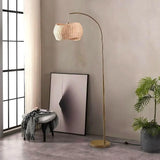 Chic Standing Lamp with Hanging Wicker Pendant Shade for Living Room, Boho Rattan Natural Decor, Arcs Over Sofa