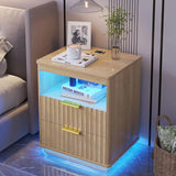 Nightstand with Charging Station, Farmhouse End Side Table with 2 Drawers