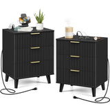 Black Set of 2, 20 Inch Modern Wood Nightstand with Charging Station
