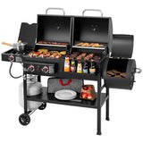 2-Burner Gas and Charcoal Combo Grill with Offset Smoker & Side Burner