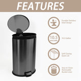 KOOMADE 10.5 Gallon Oval Trash Can Black Stainless Steel Plastic Round Step Bathroom