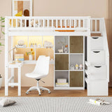 Twin Loft Bed Solid Wood L-Shaped Desk Storage Stairs LED Lights Shelves