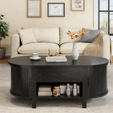 43.3" Oval Lift Top Coffee Table with Hidden Compartment, Fluted Wood
