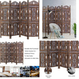 Antique Brown 4-Panel Folding Wood Screen with Ghanti Bells