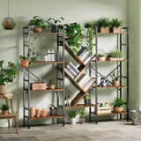 Triple 4 Tier Tree-Shaped Book Shelf 14 Open Display Shelves Wooden Metal Frame Freestanding Storage
