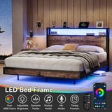 Full Size Bed Frame with Storage Headboard, LED Lights, Charging Station