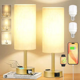 Gold Touch Table Lamps Set - 3 Way Dimmable Bedroom Lamps with USB