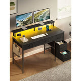 Computer Desk with Power Outlets & LED Light, 47 inch Home Office Desk with 5 Drawers,