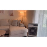 Portable evaporative air cooler for garage use, plastic housing, gray color