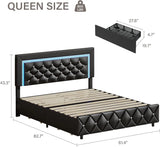 Queen Bed Frame w/LED Lights, Modern Platform Bed w/Diamond Headboard