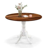 Wooden Dining Table with Round Tabletop and Curved Trestle Legs-Walnut & White