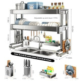 Over Sink Dish Drying Rack 3 Tier Full 304 Stainless Steel Large Storage Kitchen Dish Rack Expandable Drainer Shelf for Counter