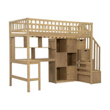 Twin Loft Bed Solid Wood L-Shaped Desk Storage Stairs LED Lights Shelves
