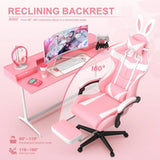 Pink Gaming Chair with Footrest, Bunny Ears, Ergonomic Design for Girls, Women
