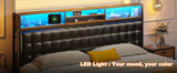 King Size Bed Frame Built in Charging Station & LED, Leather Upholstered
