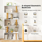 6-Tier Geometric Bookcase 74. 5-Inch S-Shaped Bookshelf with Metal Frame Gold