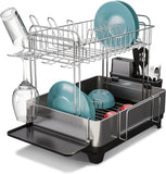 2-Tier Stainless Steel Dish Drying Rack with Drain Pipe & Utensil Holders