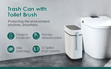 Plastic Garbage Can with Toilet Brush Holder, Black Locking Press Top Lid, Rectangular, Bathroom Trash Can, White, 14 Liter
