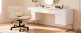 TCGBKAF Beige Criss Cross Chair with Adjustable Arms PU Leather Swivel Vanity Chair with Side Pockets Ergonomic Cross Legged Office Chair with Wheels Adjustable Height Computer Desk Chair