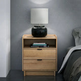 Oak Nightstand with 2 Drawers and Open Shelf, 23.75W x 26.75H x 16D