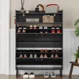 Freestanding Wooden Shoe Rack with Hidden Slim Storage for Entryway