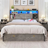 Full Bed Frame With Storage Headboard, LED Light & Charging, Customized