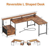 66 L Shaped Computer Desk with Power Outlet LED Lights Reversible Corner Home Office Desk