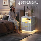 Nightstand with Charging Station, Farmhouse End Side Table with 2 Drawers