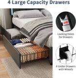 Queen Bed Frame with 4 Drawers, Faux Leather Upholstered, LED Lights