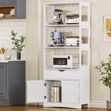 Freestanding Tall Kitchen Pantry Cabinet with Shelves, Drawers, and Microwave Space
