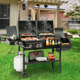 2-Burner Gas and Charcoal Combo Grill with Offset Smoker & Side Burner