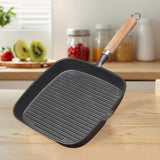Cast Iron Skillet Frying Pan with Wooden Handle Uncoated Non-stick Cooking Pot