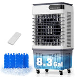 Portable evaporative air cooler for garage use, plastic housing, gray color