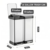 16 Gallon Dual Compartment Trash Can, 60L 2x30L Stainless Steel Step Trash and Recycling Bin,