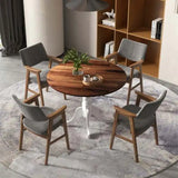 Wooden Dining Table with Round Tabletop and Curved Trestle Legs-Walnut & White