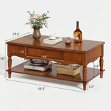 Vintage Solid Wood Coffee Table with 2 Drawers & Storage Shelf