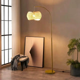 Chic Standing Lamp with Hanging Wicker Pendant Shade for Living Room, Boho Rattan Natural Decor, Arcs Over Sofa