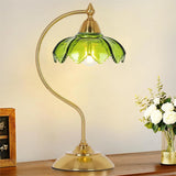 Vintage Green Glass Flower Desk Lamp With Gold Metal Base For Bedroom