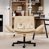TCGBKAF Beige Criss Cross Chair with Adjustable Arms PU Leather Swivel Vanity Chair with Side Pockets Ergonomic Cross Legged Office Chair with Wheels Adjustable Height Computer Desk Chair